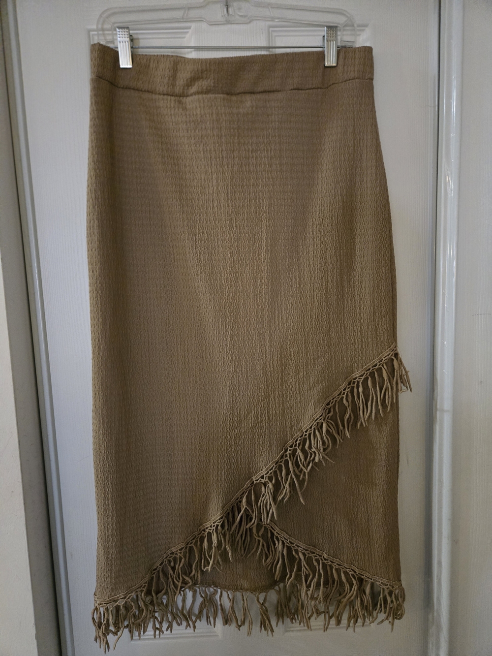 SHEIN Tan Asymmetrical Fringe Midi Skirt
